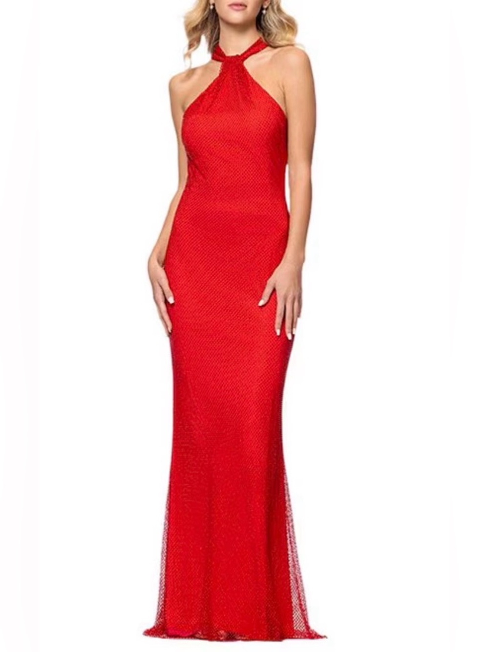 Mesh Rhinestone Halter Neck
Sleeveless Sheath Gown